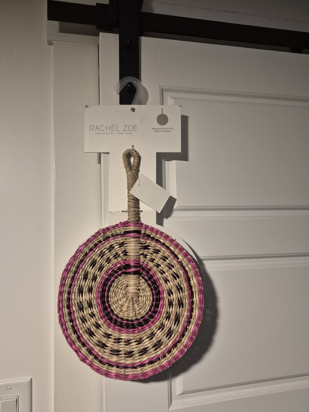 Rachel Zoe Round Woven Hand Fan in Natural, Pink & Black